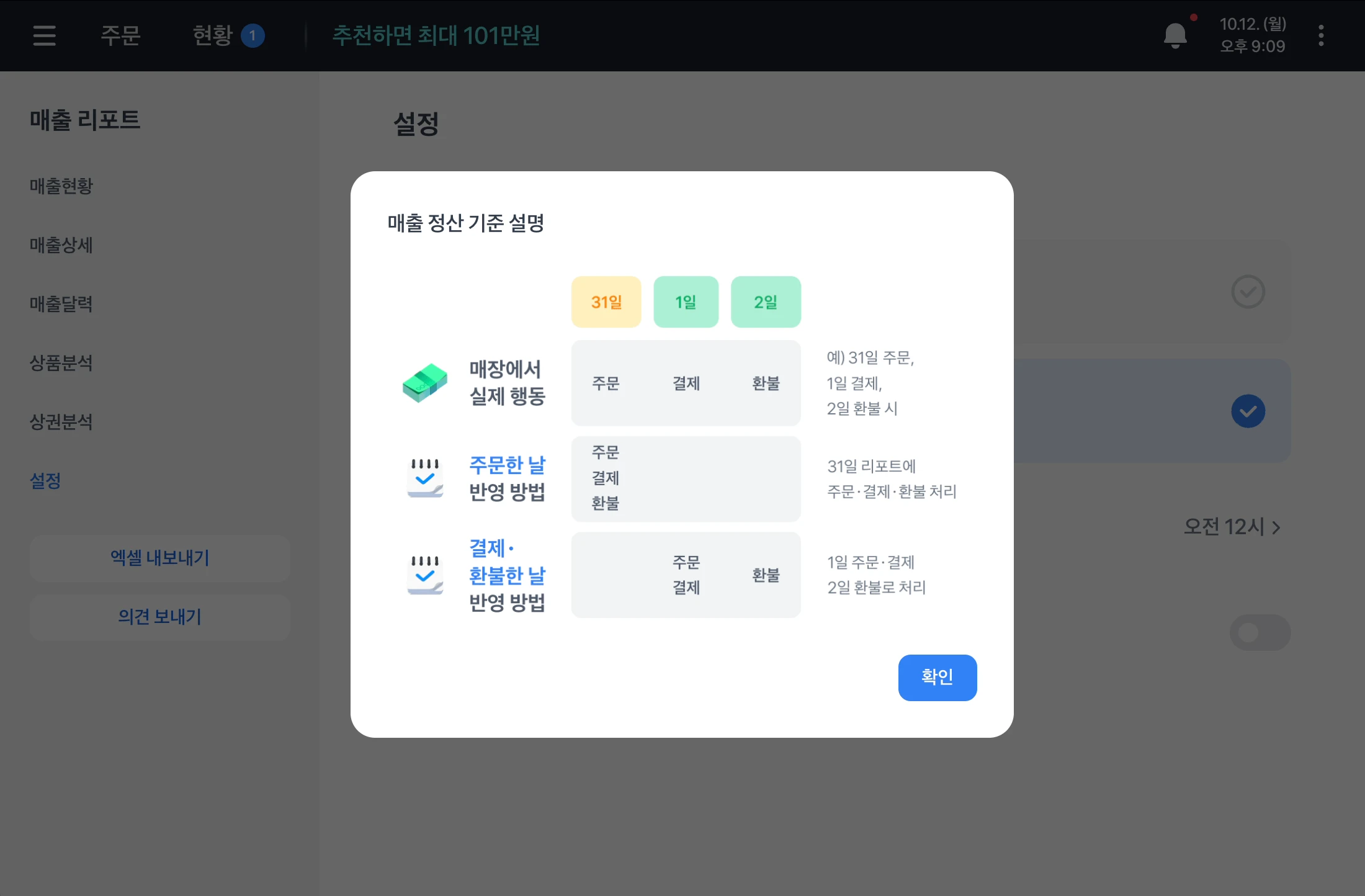 매출 정산 기준 설명 팝업. 31일 주문, 1일 결제, 2일 환불한 경우를 두 기준으로 나눠 보여주는 표가 있어요